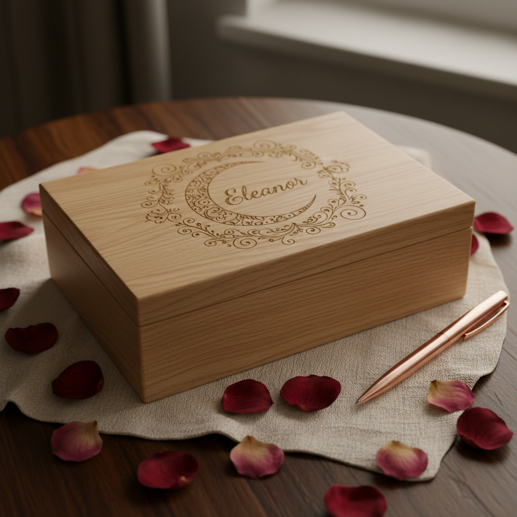 A luxurious close-up of a personalized wooden keepsake box made from smooth light oak, its lid featuring an intricate laser-engraved crescent moon surrounded by fine floral details and a name in elegant cursive. The box rests on a pale linen cloth atop a dark wooden table, with scattered dried rose petals and a slim metallic pen nearby. Soft, diffused warm studio lighting highlights the engraved grooves and the subtle grain of the wood, casting delicate shadows along the edges. Shot from a slightly elevated angle in photographic realism, the composition uses shallow depth of field to blur the background, creating an intimate, sophisticated mood perfect for high-end personalized gifts.