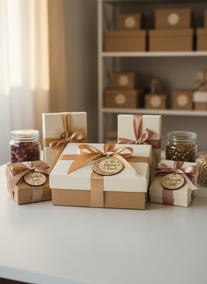 An elegant assortment of personalized gift boxes arranged on a matte white tabletop, each box crafted from textured kraft paper and soft ivory cardstock, finished with satin ribbons in muted gold and dusty rose. Laser-engraved wooden tags with delicate lunar motifs and flowing script rest atop the lids. In the background, blurred shelves display neatly stacked boxes and glass jars of decorative fillers. Soft daylight from an unseen window washes the scene, creating gentle shadows and subtle highlights on the ribbons. Photographed at eye level with a shallow depth of field, the composition centers the largest box while smaller boxes frame it, evoking a sophisticated, refined atmosphere in clean photographic realism.