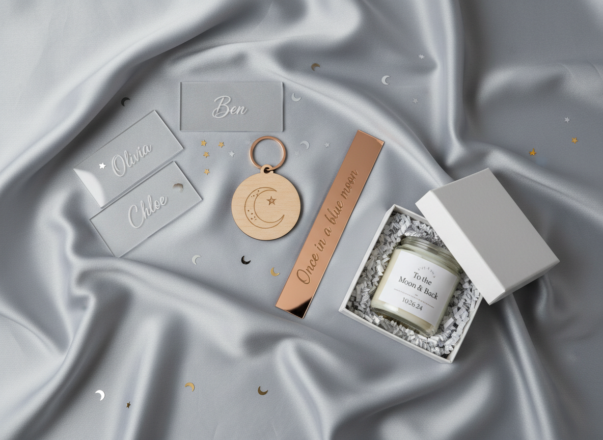 A curated flat lay of personalized event details displayed on a silky dove-grey backdrop: small acrylic place cards with precise laser-etched names, a circular wooden keychain with a minimal moon emblem, a slender mirrored bookmark with engraved text, and a petite gift box filled with shredded paper and a custom-printed candle. Tiny metallic confetti moons and stars are sprinkled around. Soft overhead studio lighting creates a clean, even illumination with subtle reflections on the acrylic and metal surfaces. The composition is carefully balanced using the rule of thirds, with each object spaced intentionally, achieving a refined, organized, and modern photographic aesthetic that communicates bespoke sophistication.